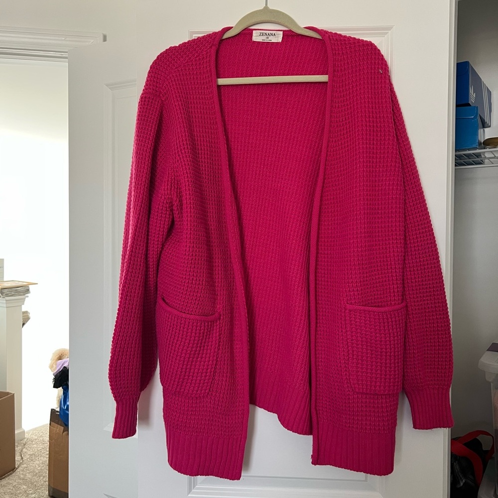 Zenana Outfitters Hot Pink Open-Front Waffle Knit Cardigan